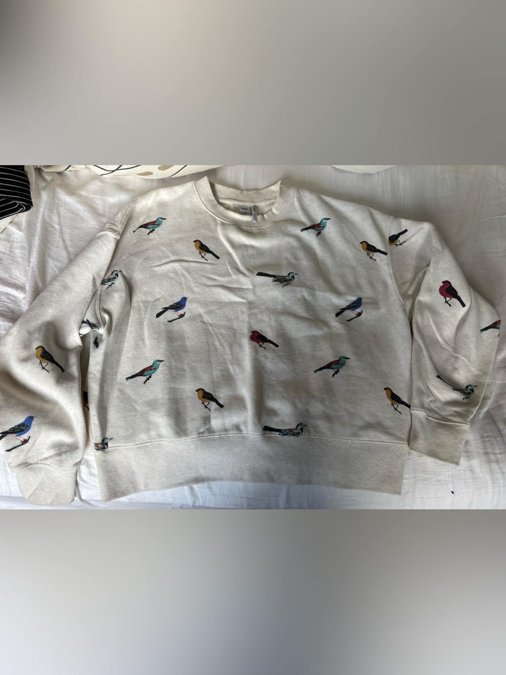 Cream Bird Print Crewneck Sweatshirt
